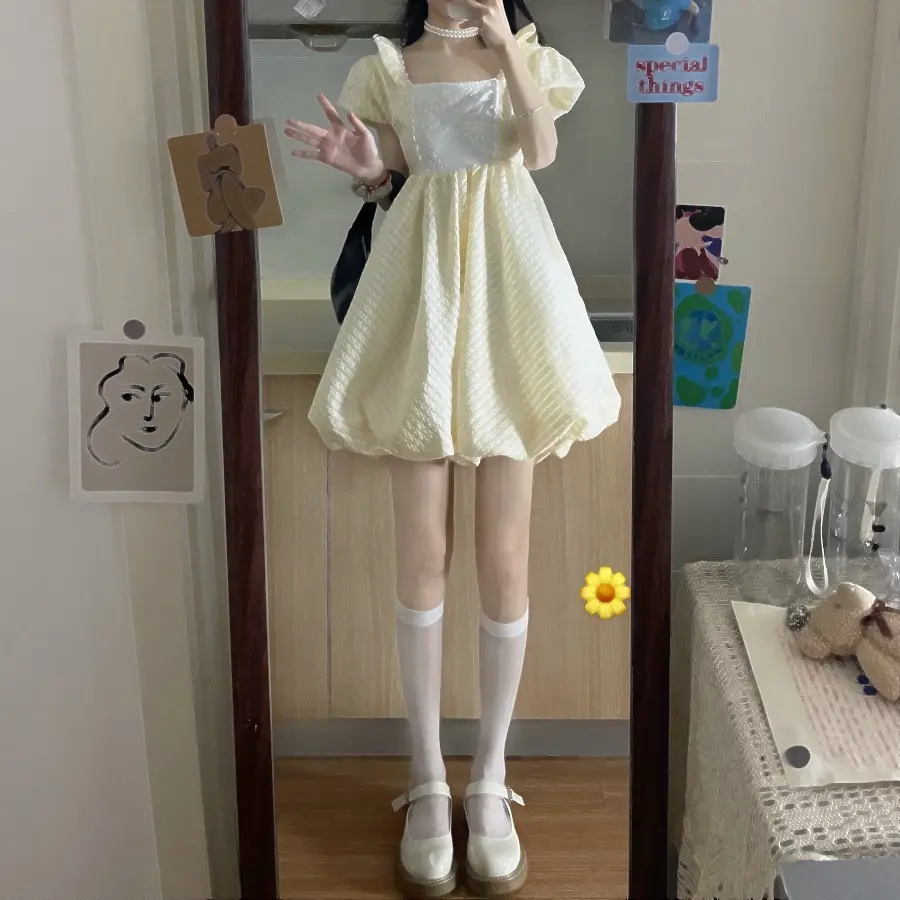 Soft Girl Puff Sleeve Design Sense Waist Is Thin And Cute A-line Skirt
