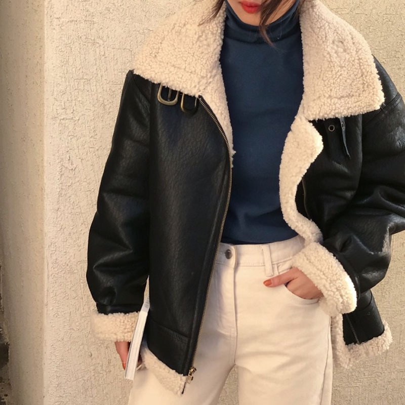 Lamb Wool Motorcycle Suit Women's Winter New Fur One