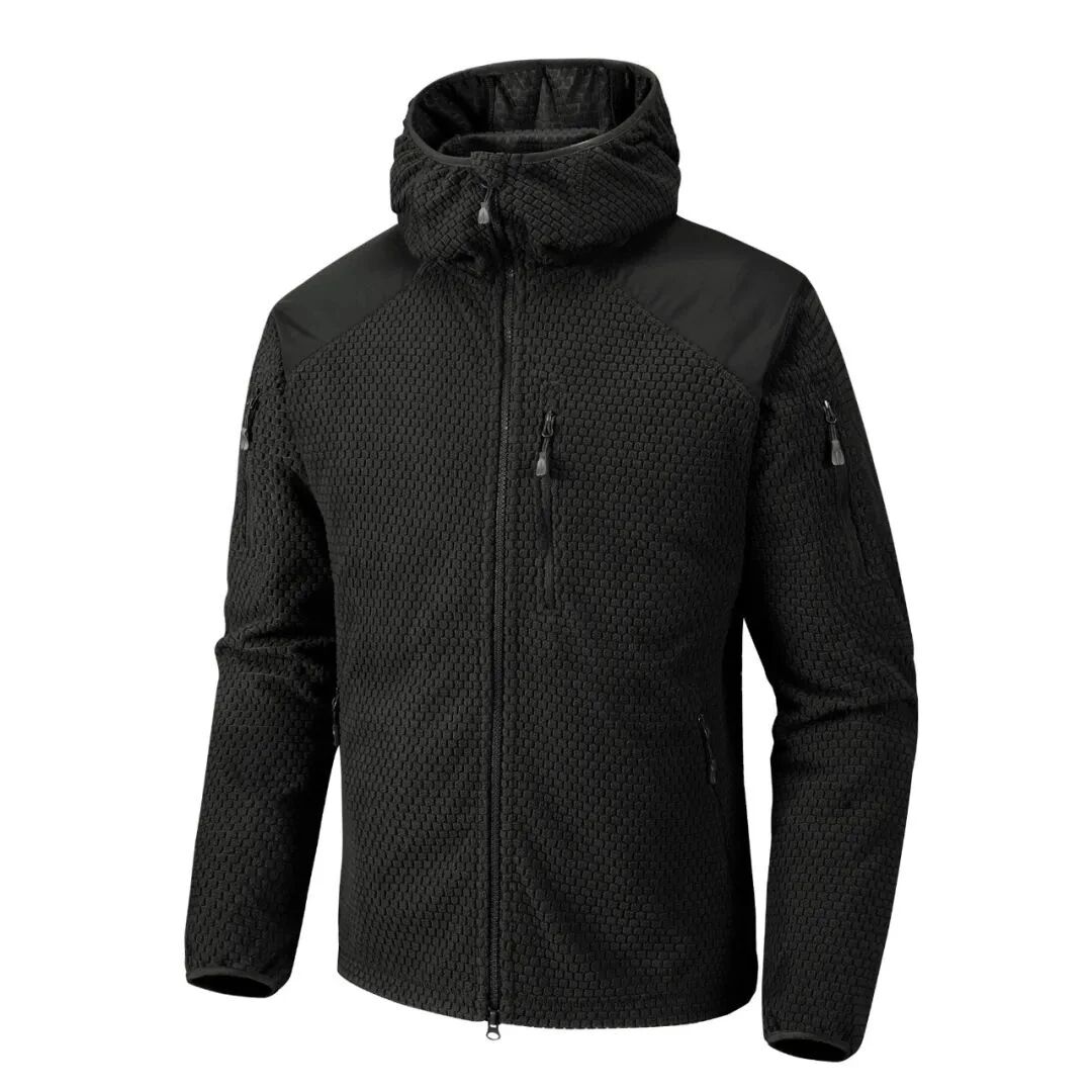 Men Tactical Fleece Hooded Jacket, Grid Fleece Lightweight Camouflage Hoodie, Full Zip Outdoor Military Style Coat For Hiking Camping Hunting