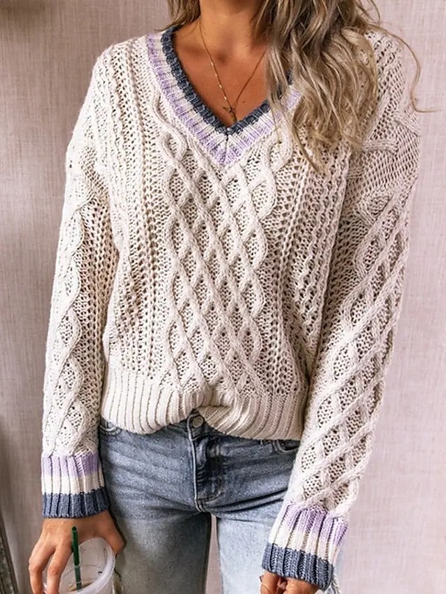 Casual Multicolor Stitching Twist V-neck Knitted Long-sleeved Pullover Sweater