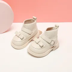 Girls Plus Velvet Soft Sole Leather Ankle Boots - Beige - View 1