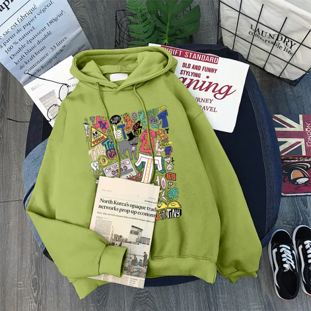 Women's Loose Cartoon Letter Hooded Plus Fleece Sweater Fruit Green - Shop at LoveMi