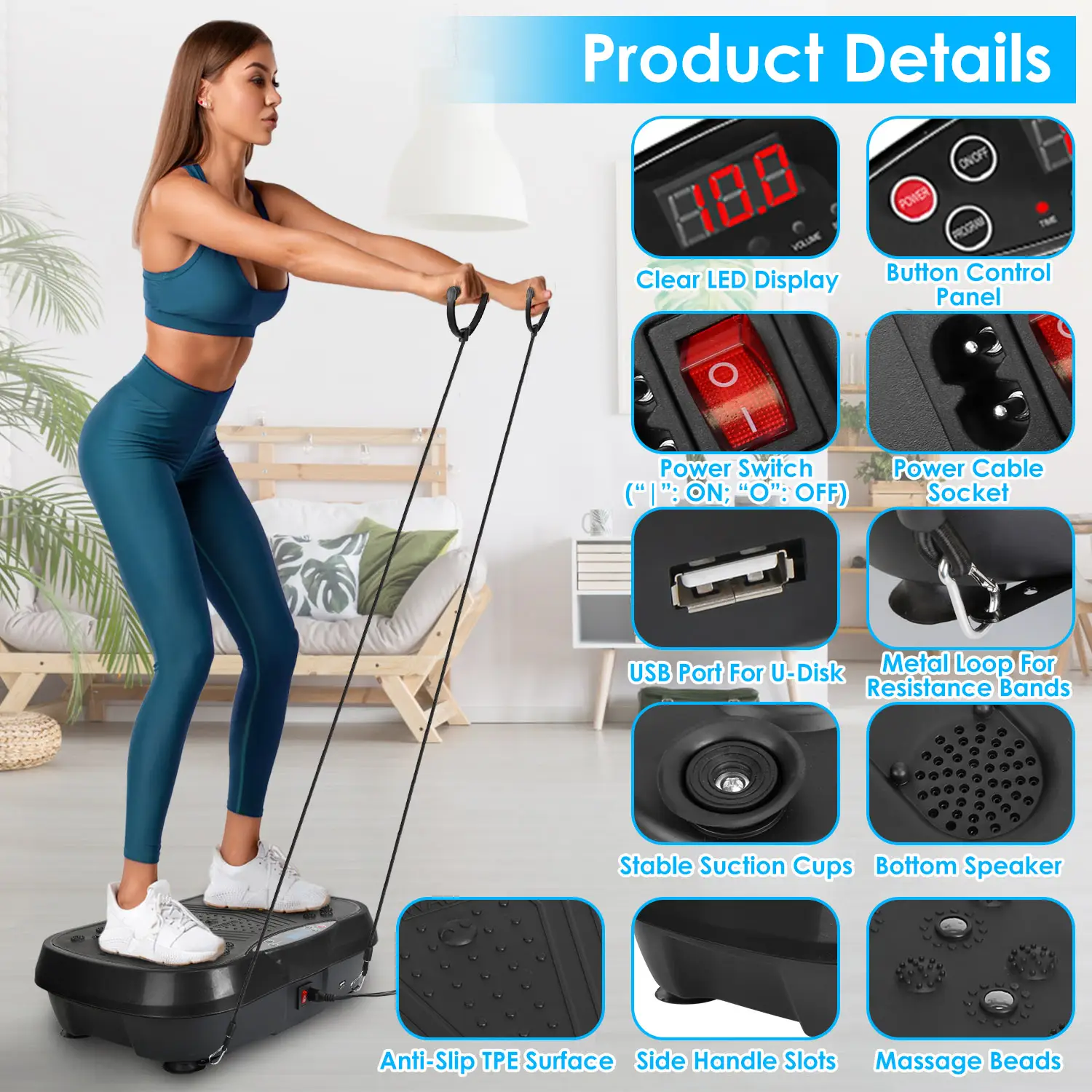1Pc Vibration Exercise Machine Vibrating Plate Platform Whole Body Fitness Vibration Workout Equipment With 120 Speeds 1-20Mins Timer Resistant Bands Remote Con