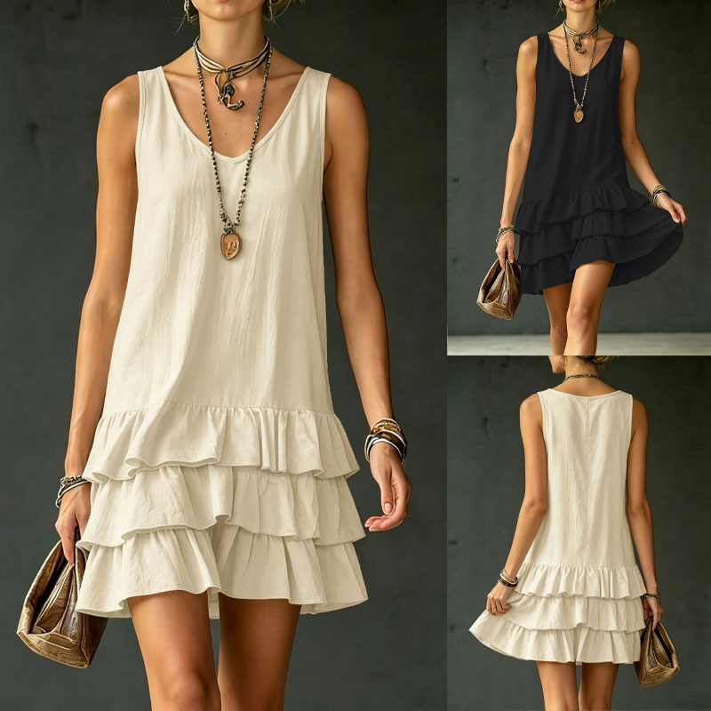 Women's Sleeveless V-Neck Layered Ruffle Mini Dress - Casual Loose Fit Summer Dress