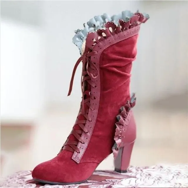Lace Up Combat Boot Women Ruffle Design Ethnic Shoes Red - Shop at LoveMi