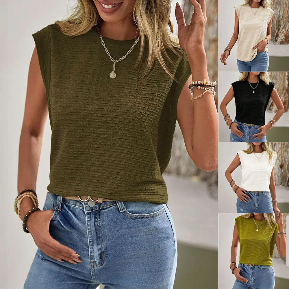 Pleated Round Neck Sleeveless Vest Top for Women Summer