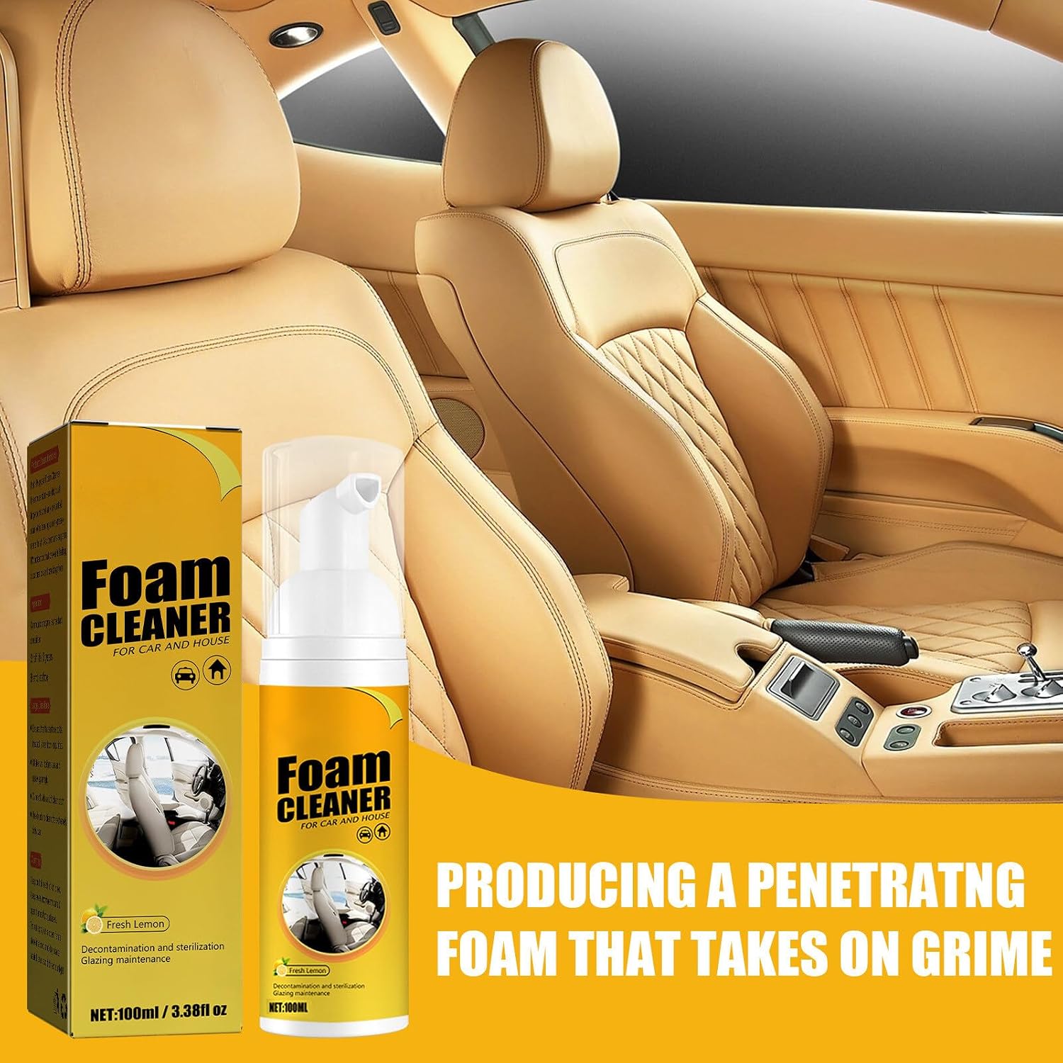 2Pcs Multipurpose Foam Cleaner Spray 100ml, Foam Cleaner For Car And House Lemon Flavor, All-Purpose Household Cleaners For Car And Kitchen 7