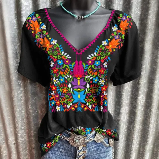 Women's Bohemian Print V Neck Casual Short Sleeve T Shirt 1Style - Shop at LoveMi