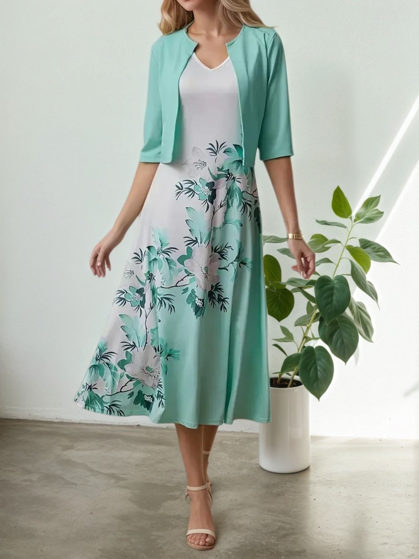 2025 New Women&rsquo;s Round Neck Printed Dress Set, Solid Color Long Sleeve Cardan Pr