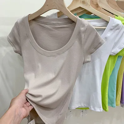 Cotton T shirt Women's Short Sleeve Low Collar Collarbone Khaki - Shop at LoveMi