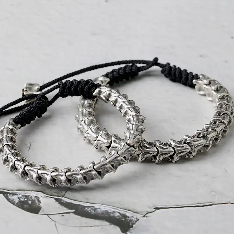 Sterling Silver Thorny Snake Bone Adjustable Vintage Woven Rope Bracelet