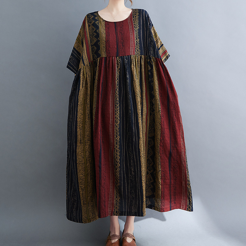 Round Neck Short Sleeve Swing Stripe Dress Burgundy Stripes - Shop at LoveMi