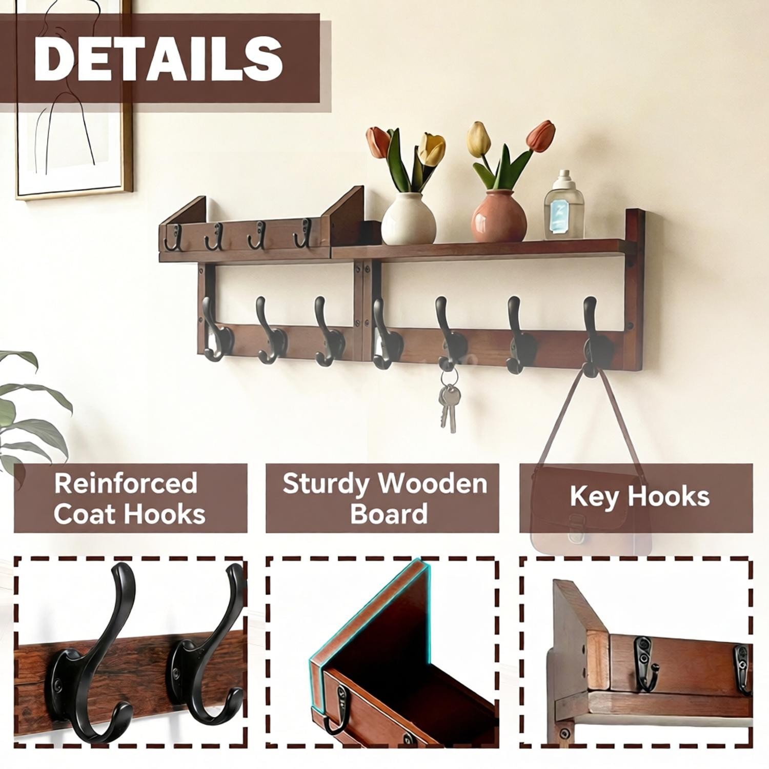 Coat Hooks Wall Mounted With Shelf Key Holder Mail Holder