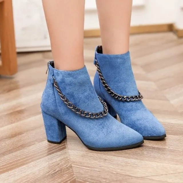 New Short Tube Pointed Toe Suede Thick Heel High Heel Metal Chain Zipper Martin Boots Blue - Shop at LoveMi