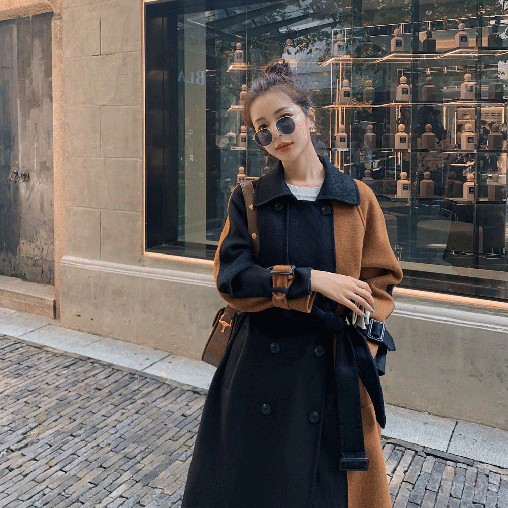 Women's Contrast Stitching Mid-length Woolen Coat Jacket