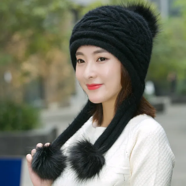 Ladies Rabbit Fur Knitted Pullover Hat To Keep Warm Black - Shop at LoveMi