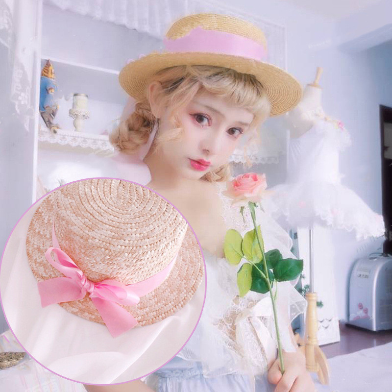 Pink bow straw hat