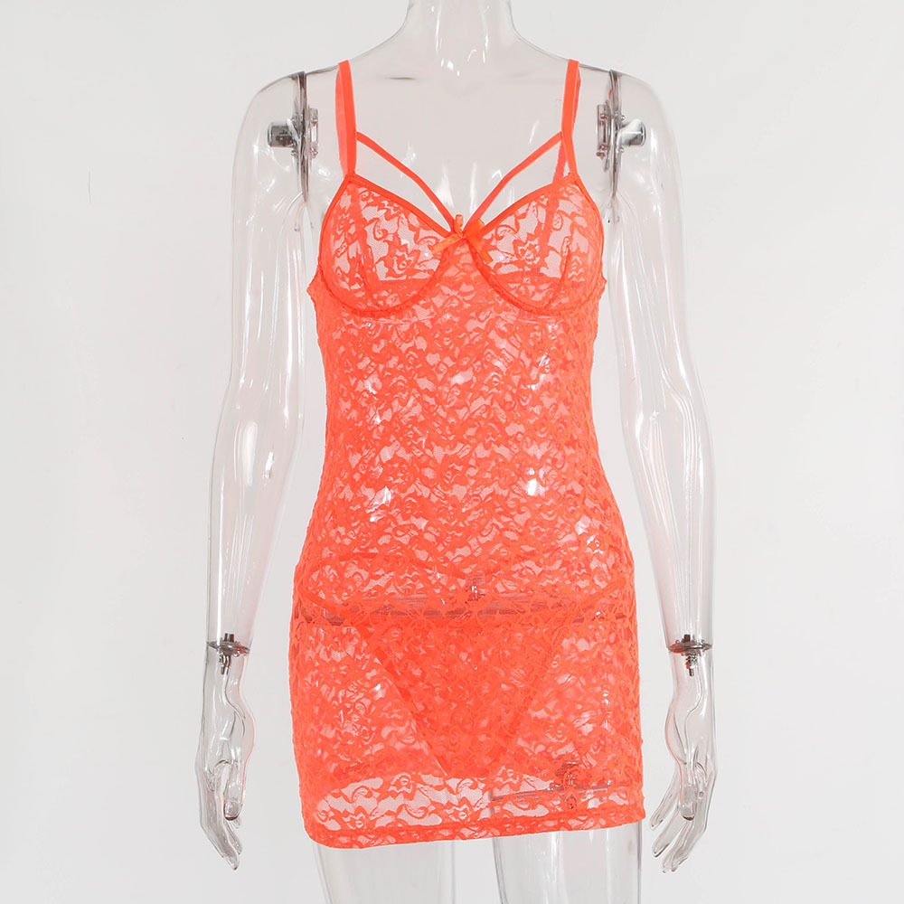 Sexy Sling Lace Skirt See through Lace Pajama Dress Orange - Shop at LoveMi