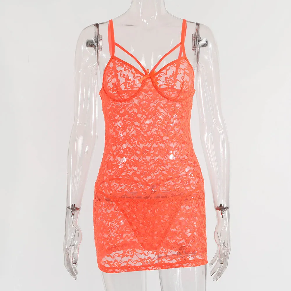 Sexy Sling Lace Skirt See-through Lace Pajama Dress - Orange