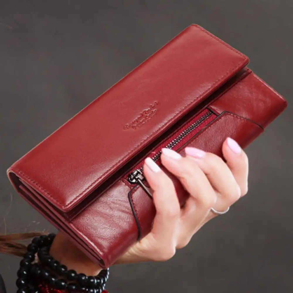 Long Cowhide Multiple Card Slots Coin Pocket RFID Anti-magnetic