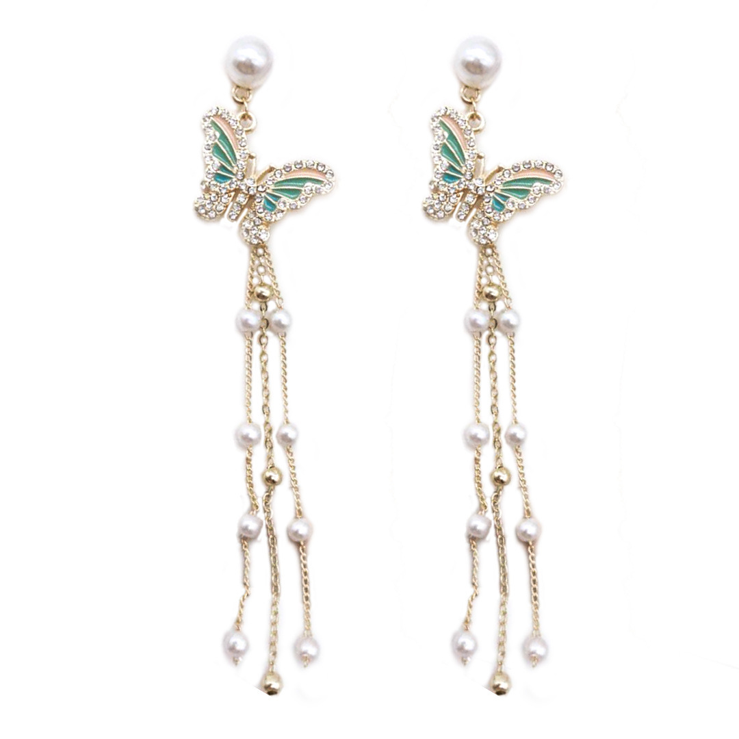 Silver Needle Super Fairy Pearl Butterfly Long Tassel Earrings