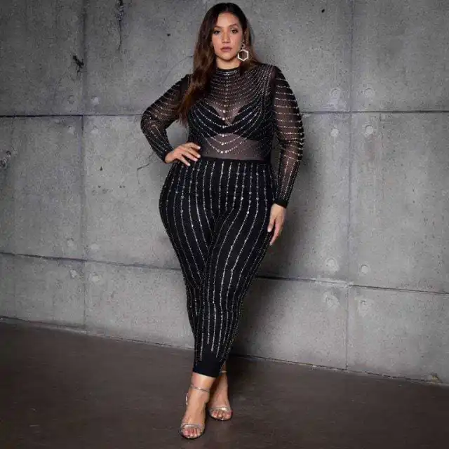 High Elastic Mesh Transparent Sexy Long sleeved Hot Diamond Women's Jumpsuit Black - Shop at LoveMi