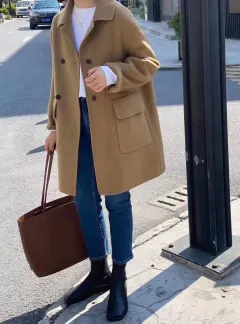 Medium Length Loose Small Wool Coat - Camel - View 1