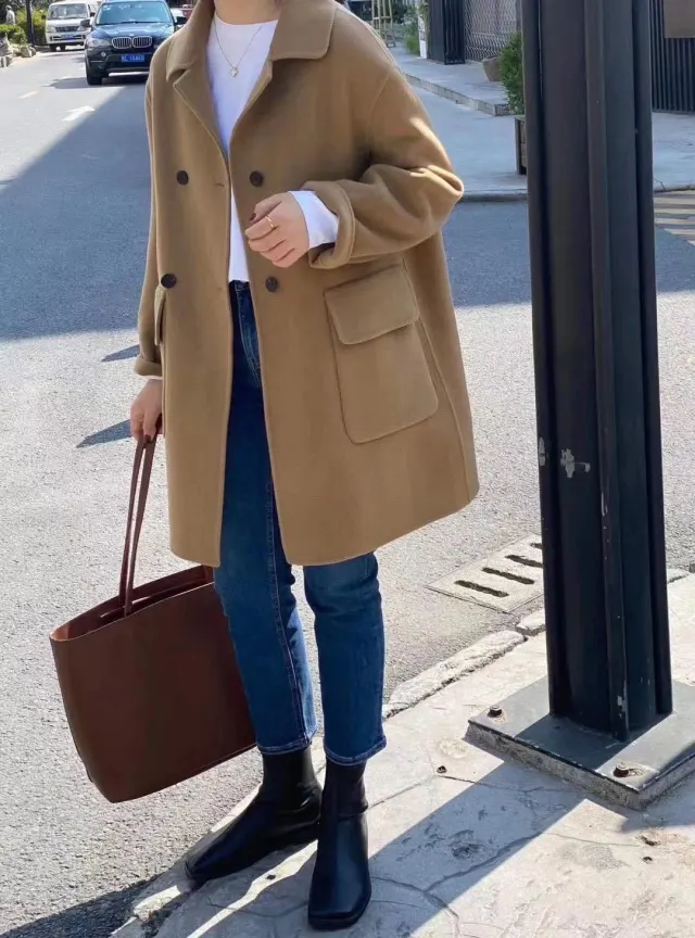 Medium Length Loose Small Wool Coat Camel - Shop at LoveMi