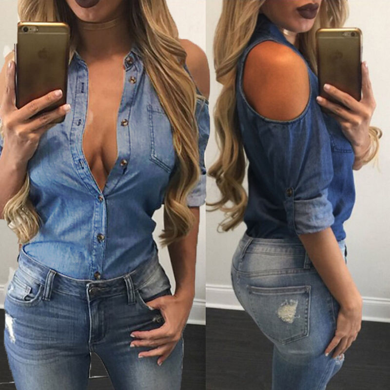 Fashion Ladies Lapel Long Sleeve Denim Shirt