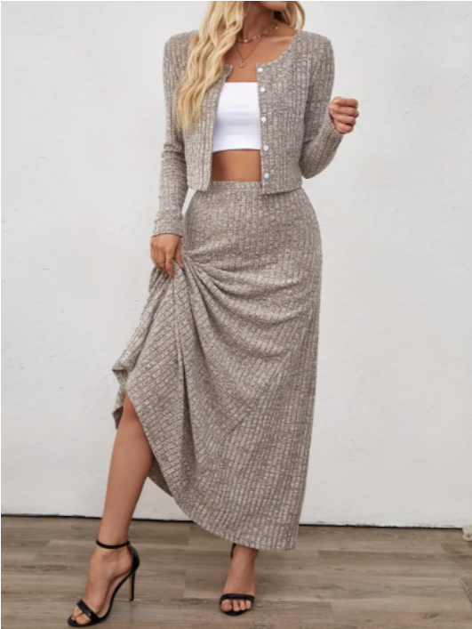 Oriented Fashion Elegant Autumn Winter New Long Sleeve Flared Skirt Button Up Round Neck Cardigan Short Solid Color Goddess Soft Temperament Midi Dress Set Khaki - Shop at LoveMi