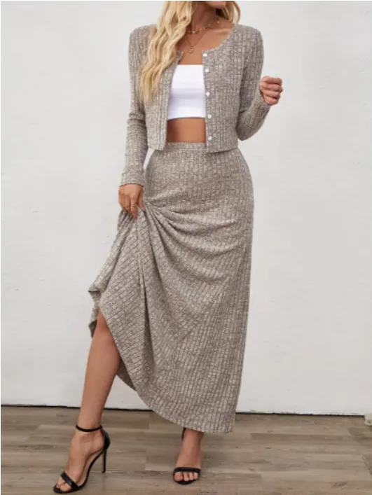 Oriented Fashion Elegant Autumn Winter New Long Sleeve Flared Skirt Button Up Round Neck Cardigan Short Solid Color Goddess Soft Temperament Midi D... Khaki - Shop at LoveMi