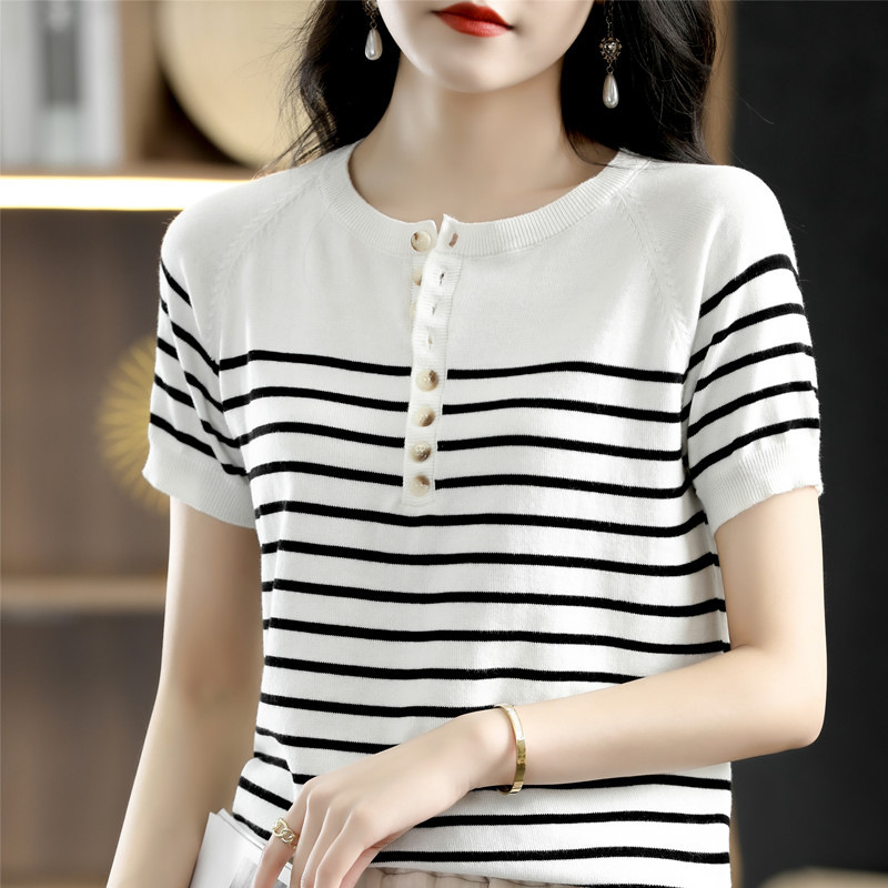 Women's Fashion Simple Striped Lace-up Knit Short Sleeve