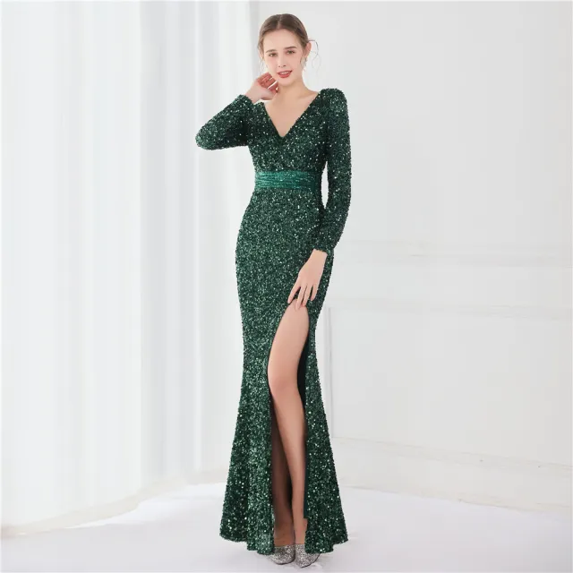 Long Sleeve Sequined Gas Field Queen Fishtail Evening Dress Green - Shop at LoveMi