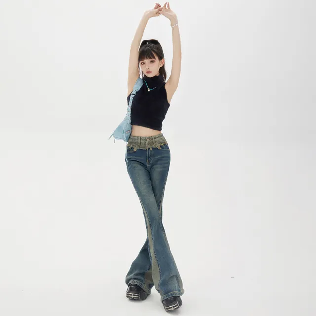 High waist Design Feeling And Raw Hem Waistband Vintage Flared Trousers Vintage Blue - Shop at LoveMi