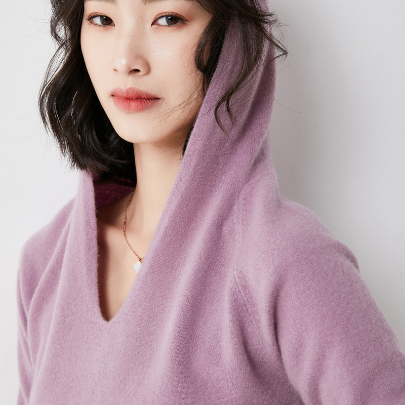 New Pullover Long Sleeve Hooded Women's Cashmere Knit Sweater