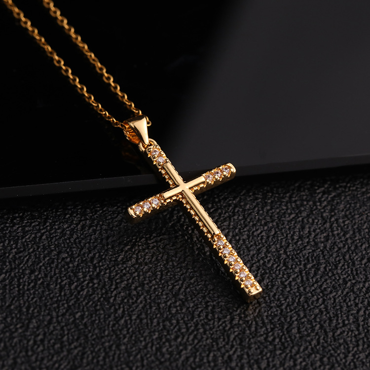 Hip Hop Real Gold Plating Micro Zircon Cross Pendant Necklace
