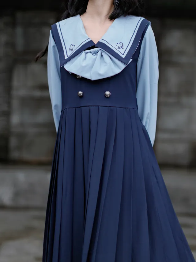 Japanese Navy Neck Embroidered Dark Blue Preppy Dress Butterfly Of Falling Gorge - Shop at LoveMi