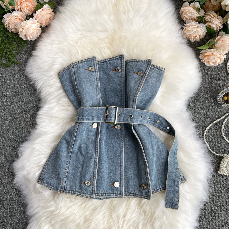 Design Sense Female Niche Breasted Splicing Slim Irregular Denim Tube Top Wear