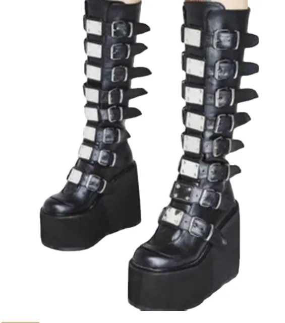 European And American Metal Buckle Thick Sole High Boots Women Plus Size - Black