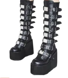 European And American Metal Buckle Thick Sole High Boots Women Plus Size - Black - View 1