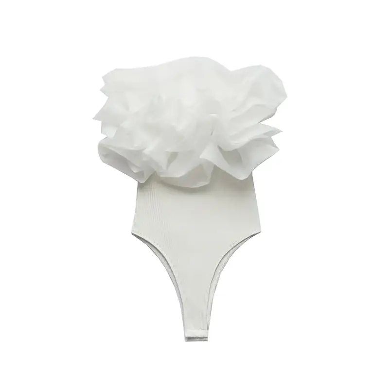 Strapless Straight Collar Transparent Organza Laminated Decoration Rib Jumpsuit