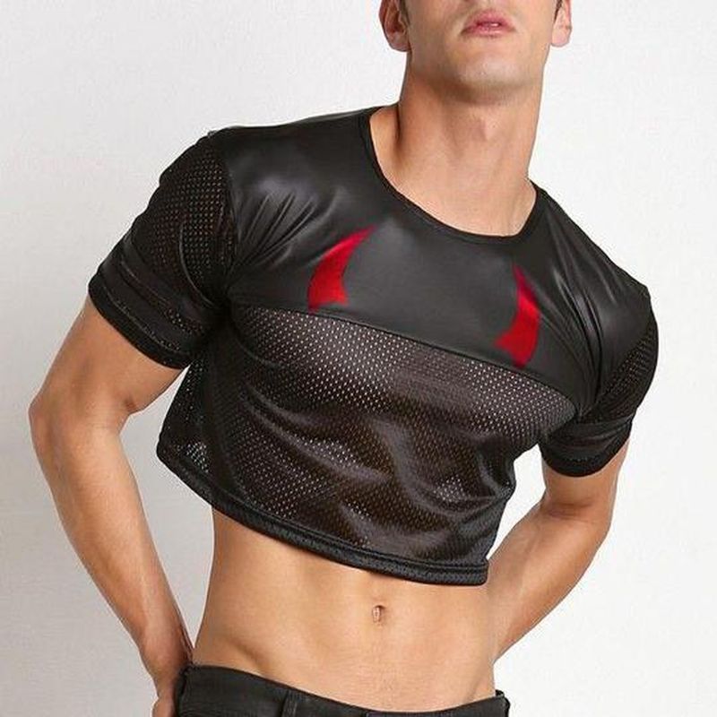 Title 3, Mens Leather Mesh Panel High Waist Half T-Shirt