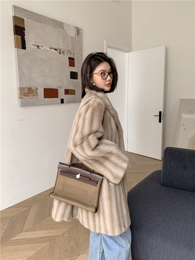 Title 2, Brown Striped Green Fur Coat Female Winter Mid-...