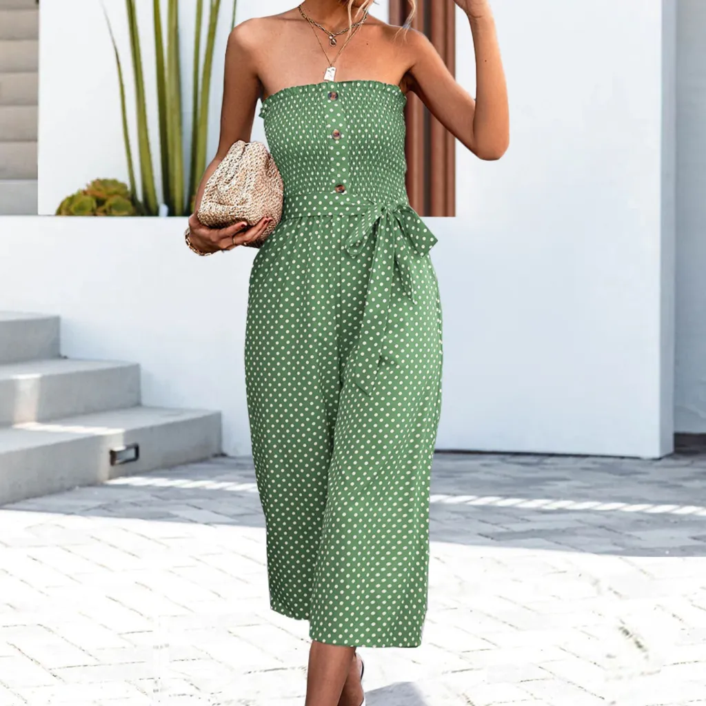 Button Pull Polka Dot Bra Jumpsuit Female - Green