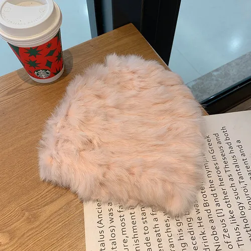Thickened Warm Real Rabbit Plush Fur Integrated Knitted Hat Light Pink - Shop at LoveMi