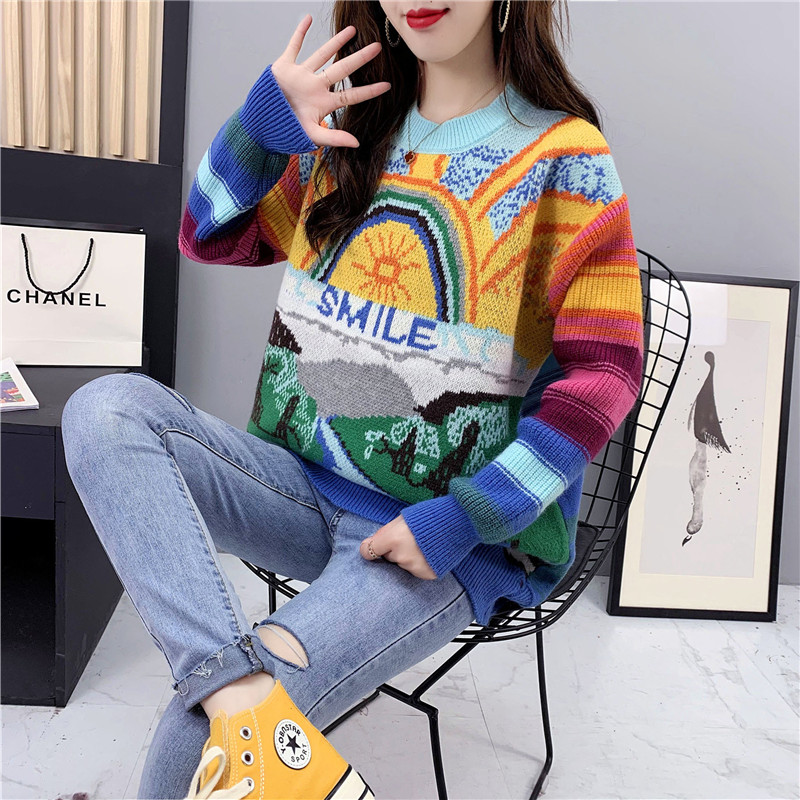 Women's Fashion Rainbow Embroidery Blouse Pullover Sweater