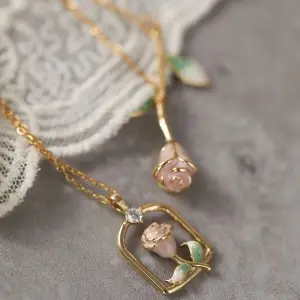 Gentle  Rose Enamel Flowers Titanium Steel Necklace