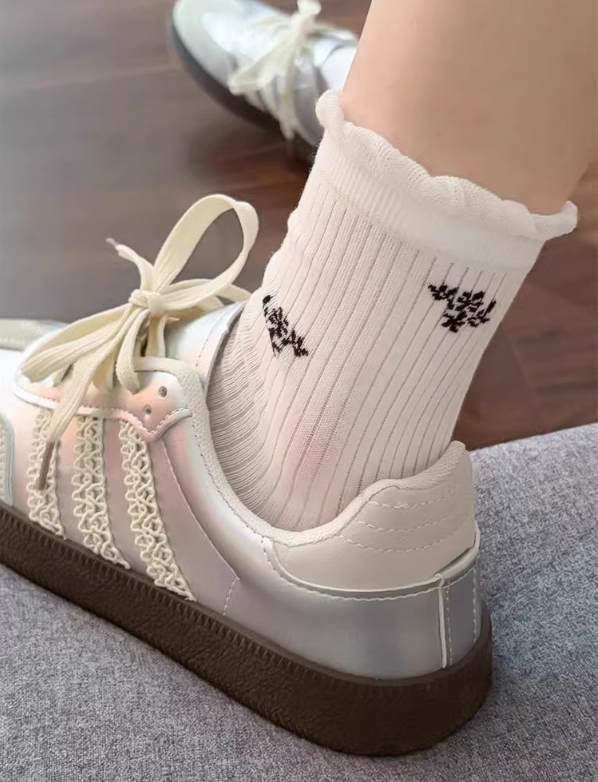 Breathable Cotton Mesh Bow Lace Socks for Summer, White