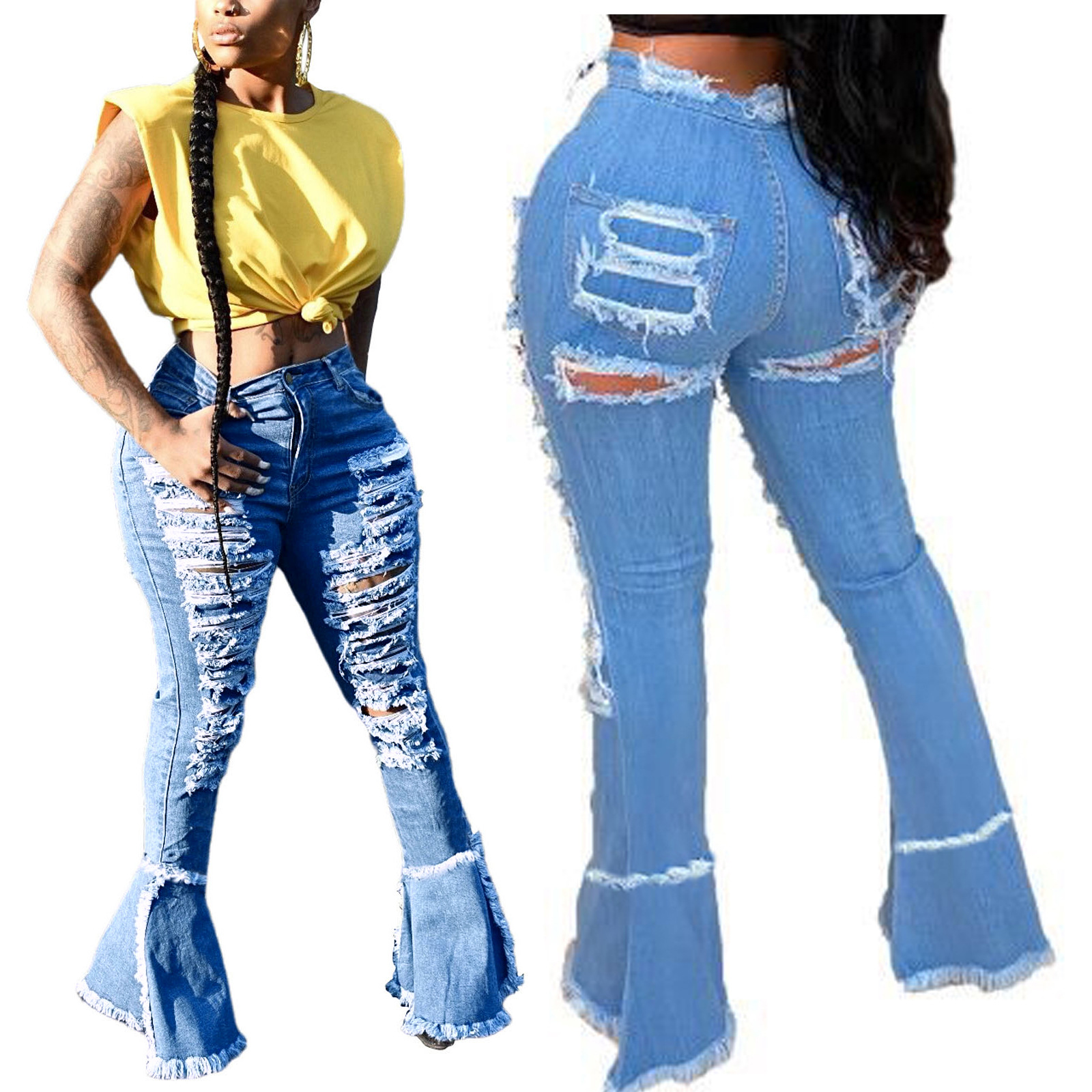 Versatile Washed Ripped Trousers Stitching Micro Flared Pants Light Blue - Shop at LoveMi