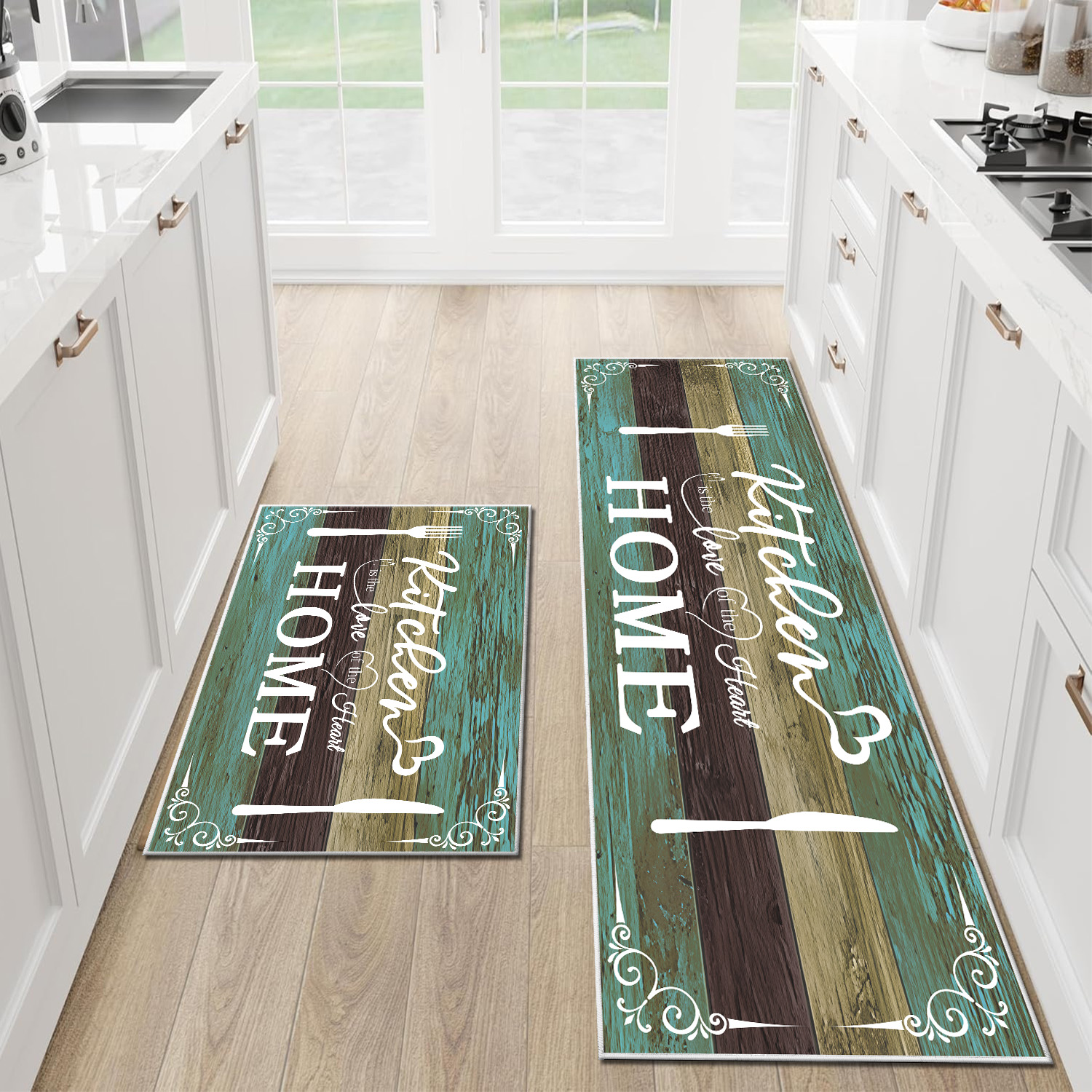 Boho Kitchen Rug Sets 2 Pieces, Washable Kitchen Mats For Floor, Non Slip Soft Kitchen Area Rug Floor Mat For Kitchen, Laundry Room And Hallway Teal, 20''X32''  20''X48'' 3